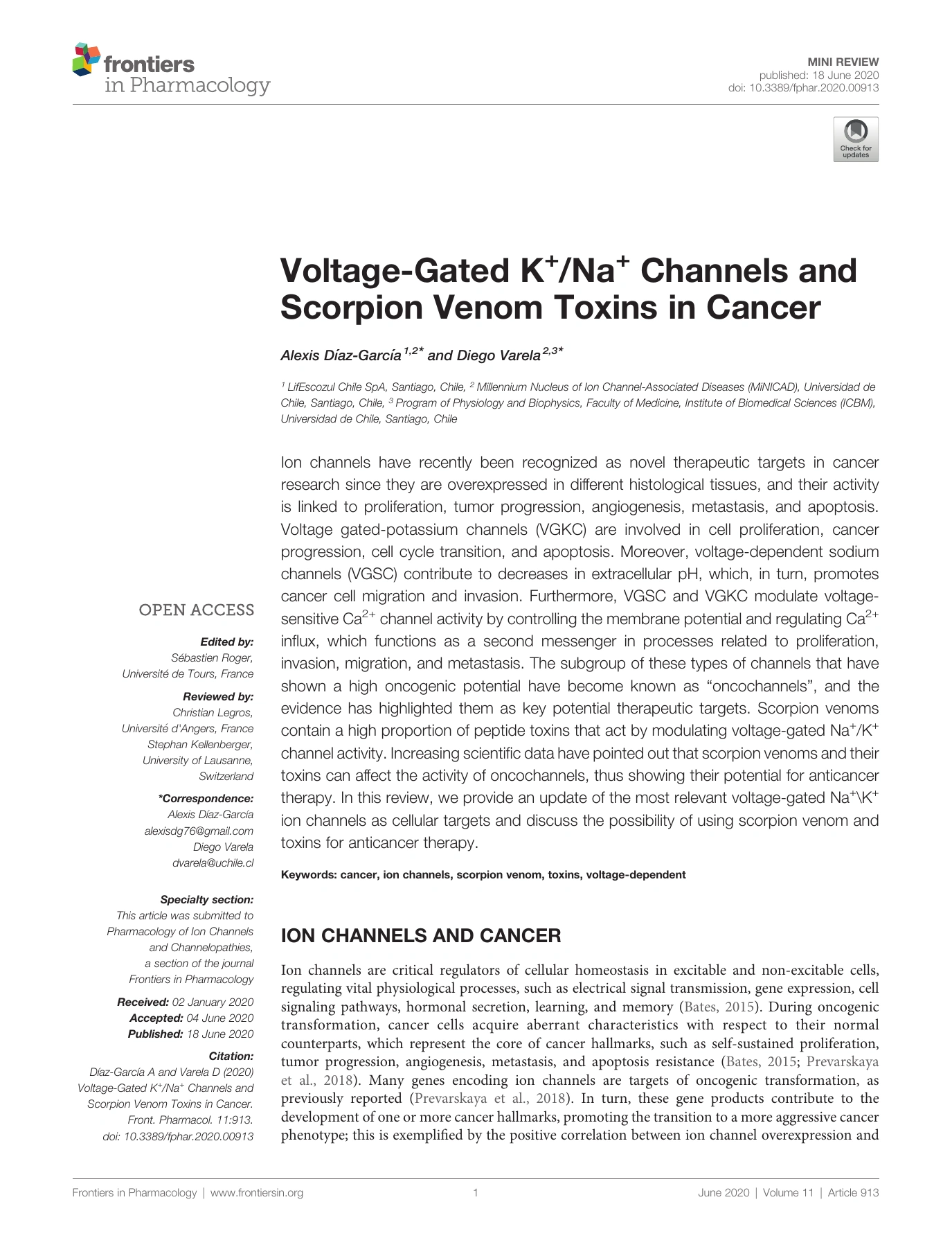 Primera página de Voltage-Gated K+/Na+ Channels and Scorpion Venom Toxins in Cancer, Alexis Díaz-García y Diego Varela