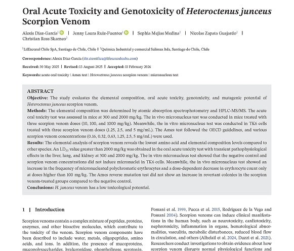 Imagen de la primera página de Oral Acute Toxicity and Genotoxicity of Heteroctenus junceus Scorpion Venom